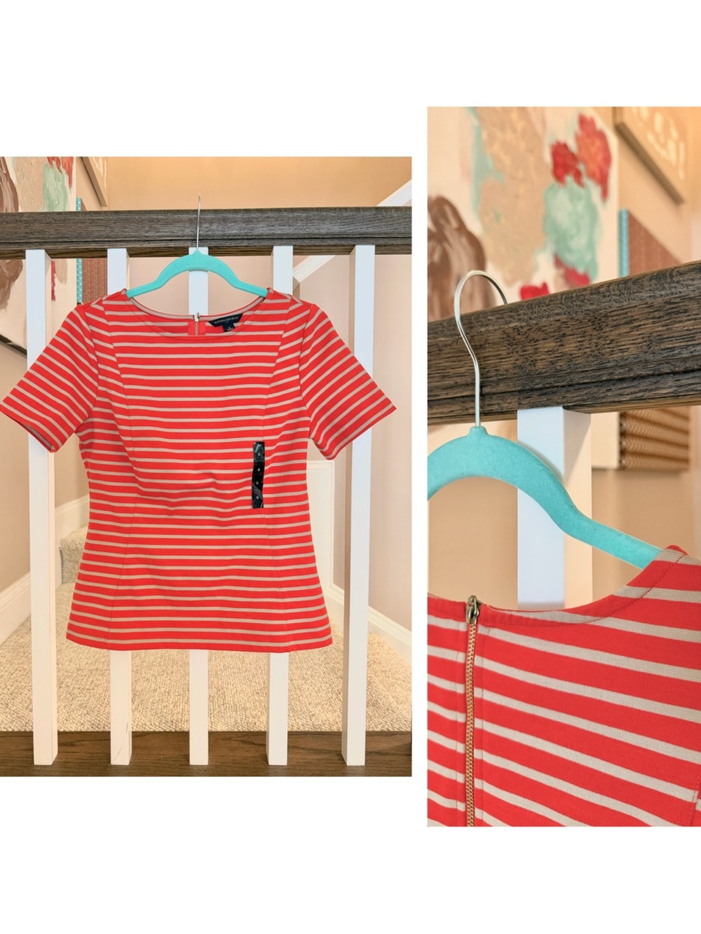 Banana Republic Red/Tan Striped Short Sleeve Stretch Top